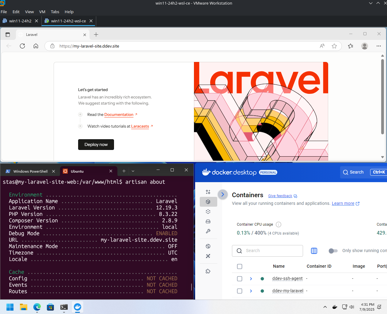 Screenshot showing a DDEV Laravel demo project running on Windows using WSL2 and Docker Desktop.